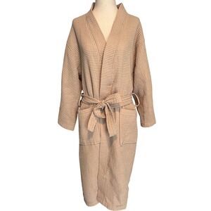 Turquaz Women's S/M Robe Tan Waffle Knit Cotton Blend Kimono Tie Waist Pockets
